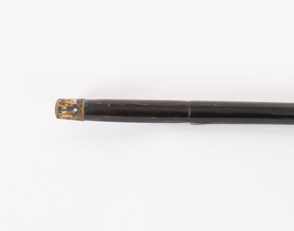 An antique walking stick featuring a dark polished wooden shaft topped with a cast silver duck head handle. View VII