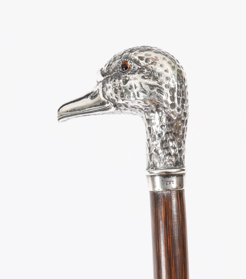 An antique walking stick featuring a dark polished wooden shaft topped with a cast silver duck head handle. View X