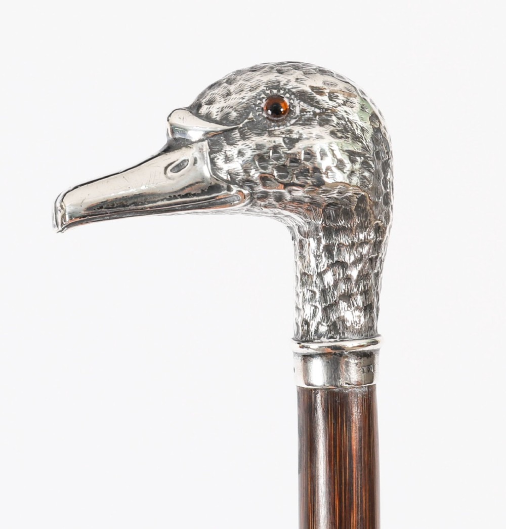 An antique walking stick featuring a dark polished wooden shaft topped with a cast silver duck head handle. View XI