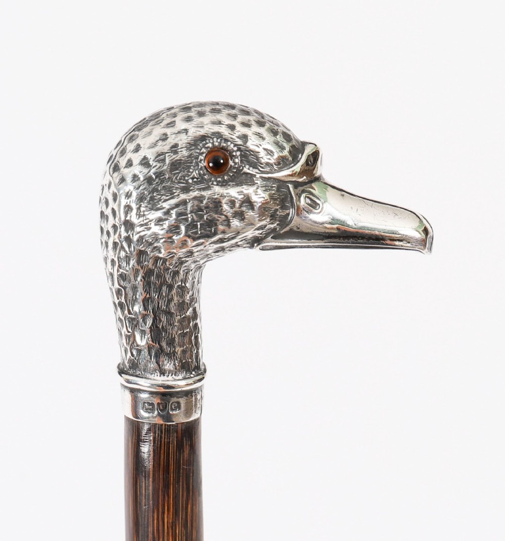 An antique walking stick featuring a dark polished wooden shaft topped with a cast silver duck head handle. View XIII