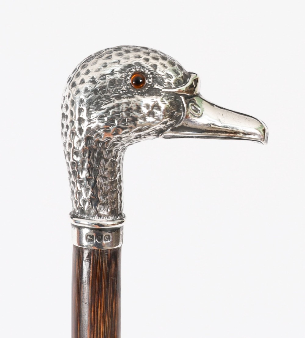 An antique walking stick featuring a dark polished wooden shaft topped with a cast silver duck head handle. View XIV
