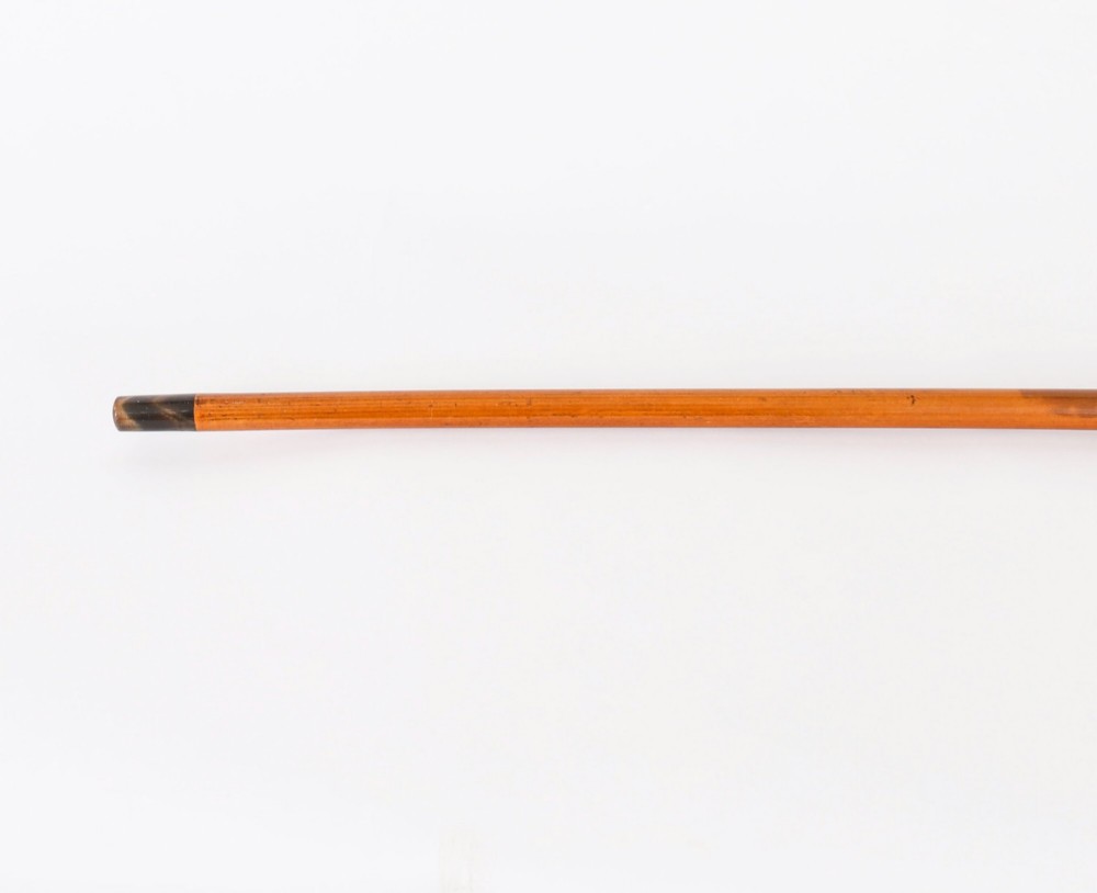 An antique Victorian wooden walking stick featuring a dark spherical pommel, an 18ct gold collar band, and a tapered brown shaft. View XIII