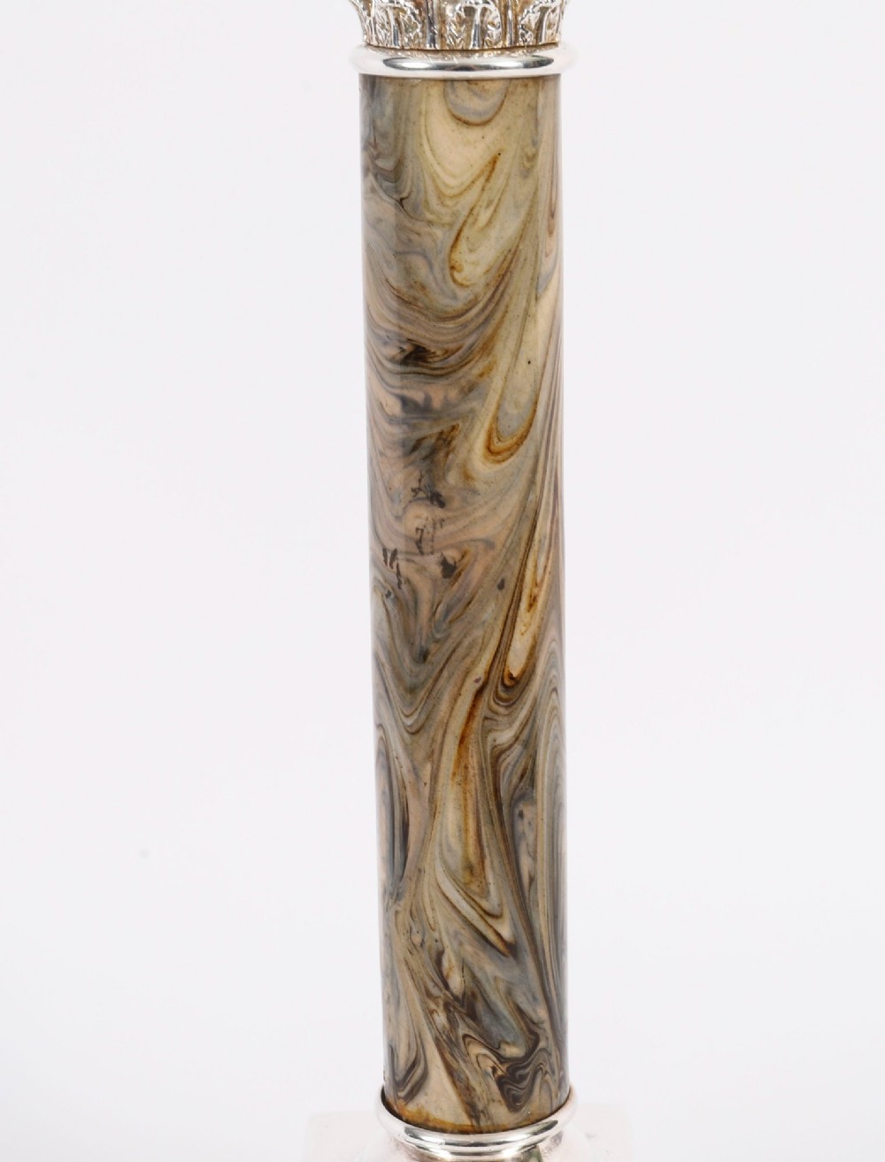 A silver-plated Corinthian column table lamp with a marbled shaft set upon a stepped square base. View III