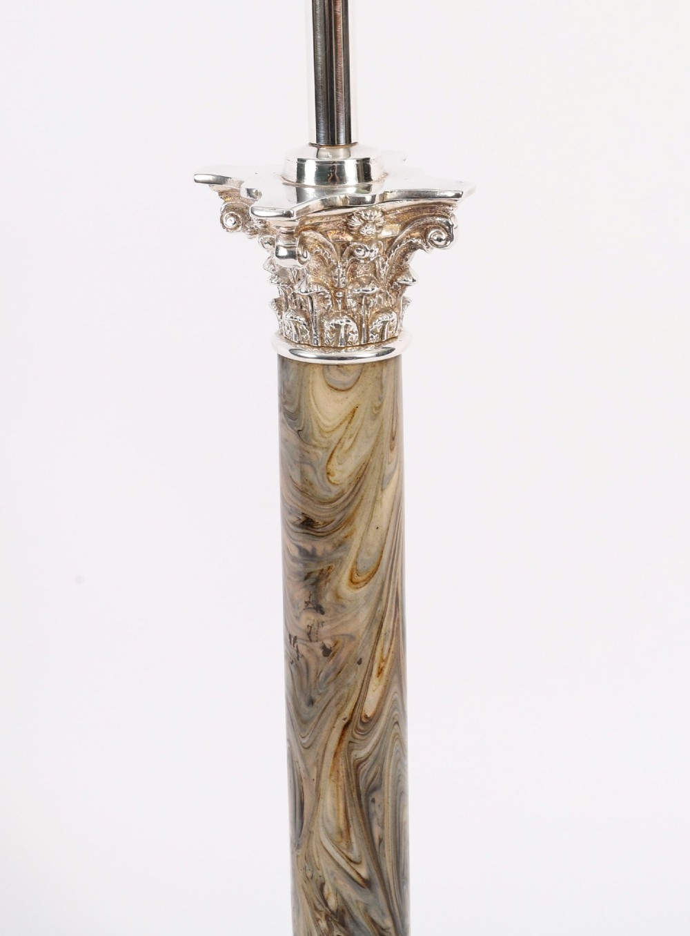 A silver-plated Corinthian column table lamp with a marbled shaft set upon a stepped square base. View V