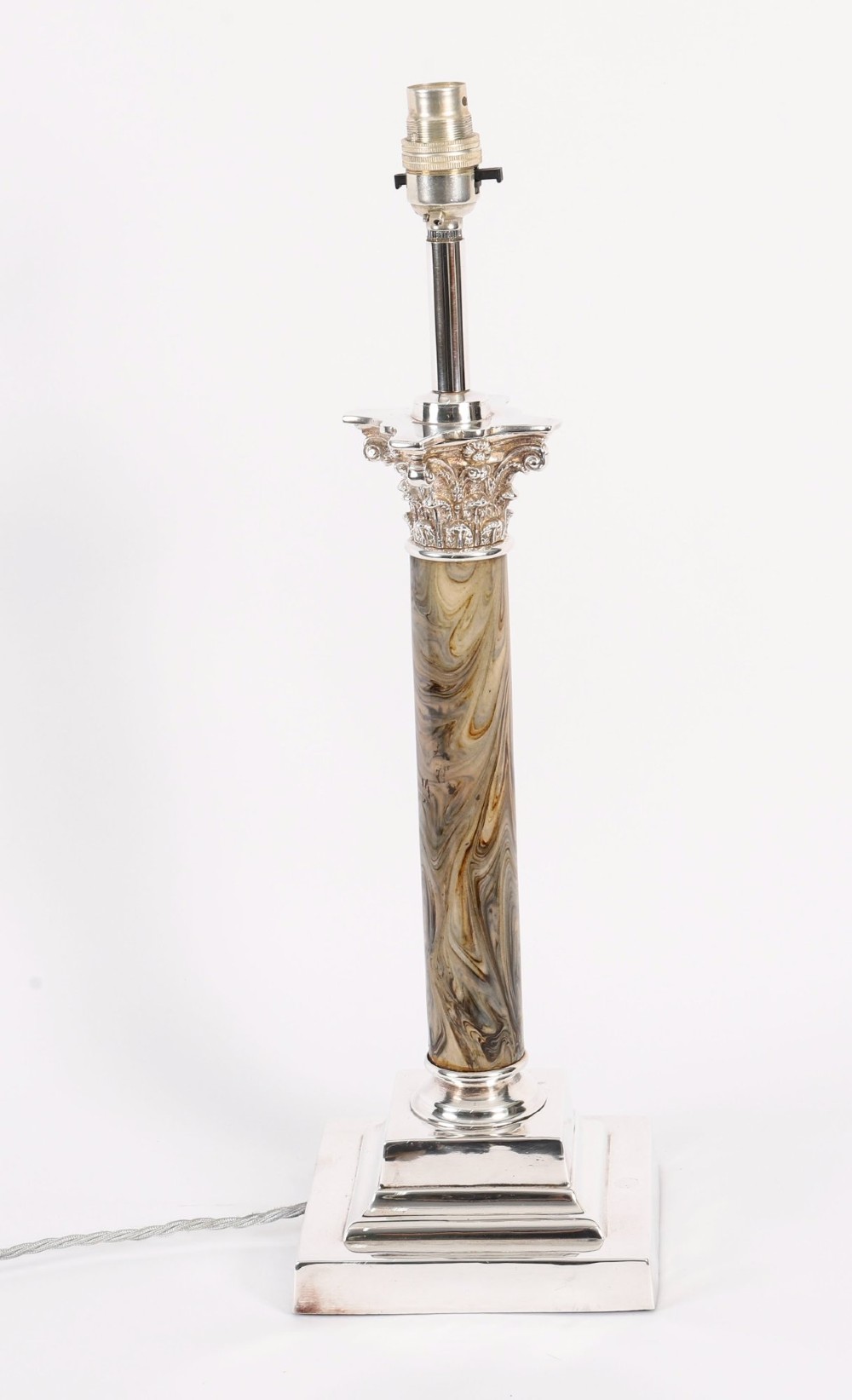 A silver-plated Corinthian column table lamp with a marbled shaft set upon a stepped square base. View VIII