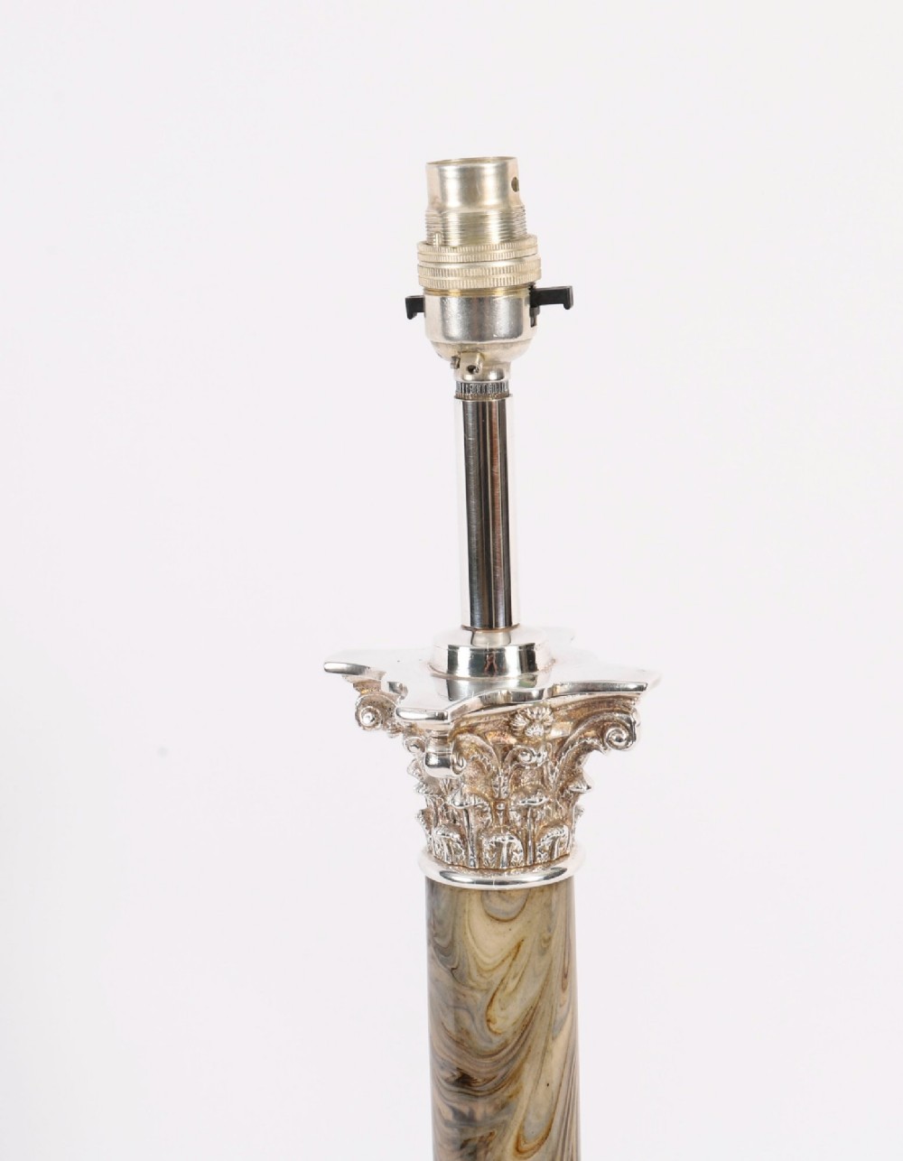 A silver-plated Corinthian column table lamp with a marbled shaft set upon a stepped square base. View X