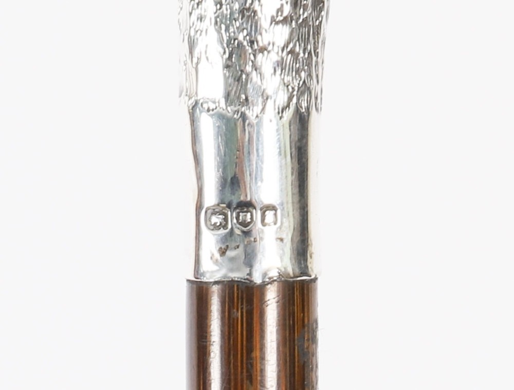 An Edwardian walking stick featuring a sterling silver swan head handle mounted on a dark wood shaft. View VII