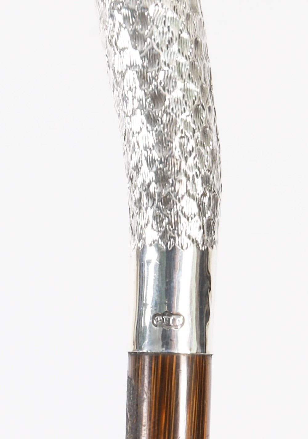 An Edwardian walking stick featuring a sterling silver swan head handle mounted on a dark wood shaft. View IX