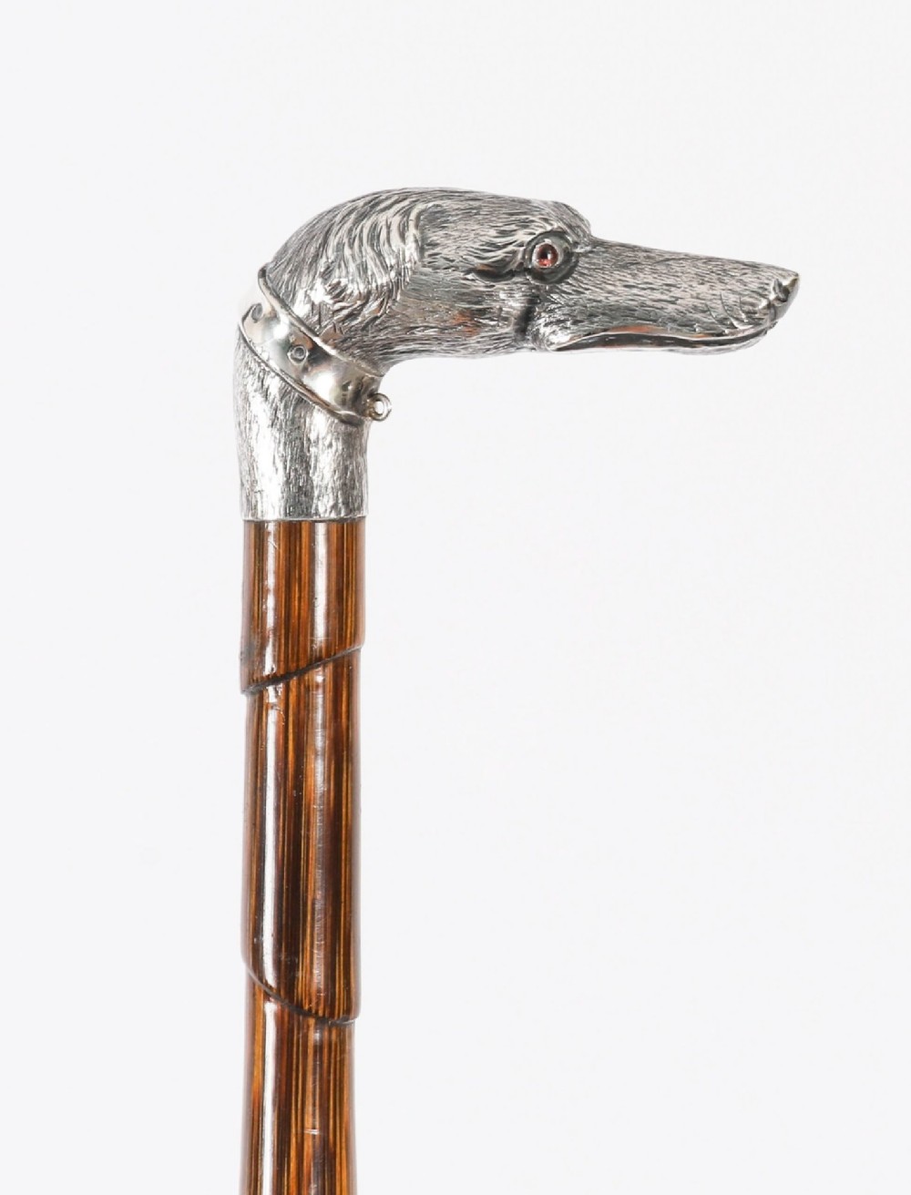 An antique walking stick featuring a sculpted silver greyhound head handle with hallmarks set upon a dark polished wood shaft. View IX