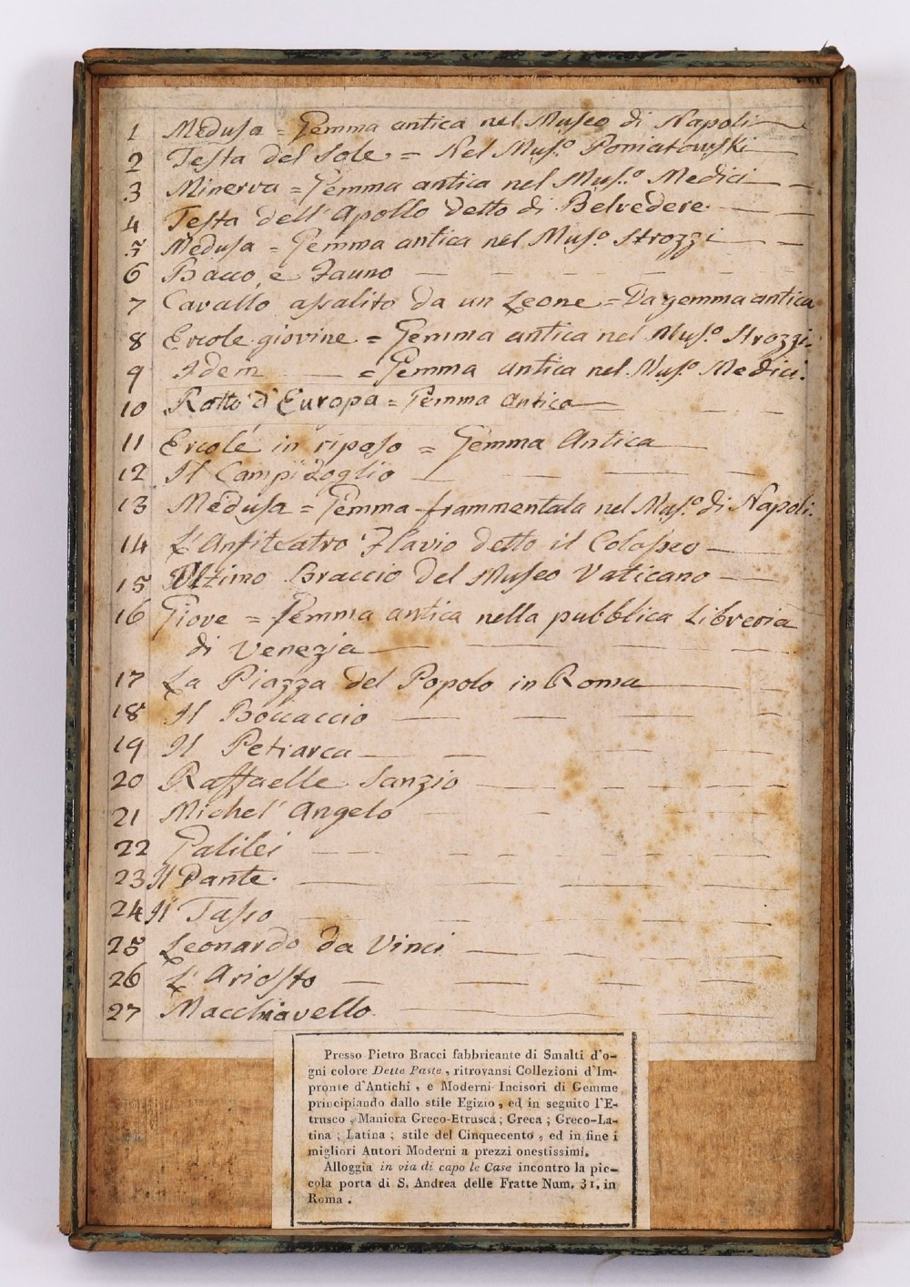 An 18th-century set of cream plaster intaglio medallions arranged in a fitted green tray beside a handwritten manuscript index lid. View VII