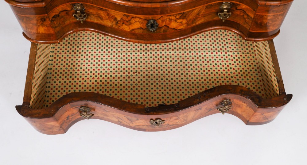An 18th-century Venetian burr walnut bureau bookcase featuring a shaped top pediment with mirrored inset, twin mirrored cabinet doors, a slant-front writing slope, and three serpentine drawers. View XIII