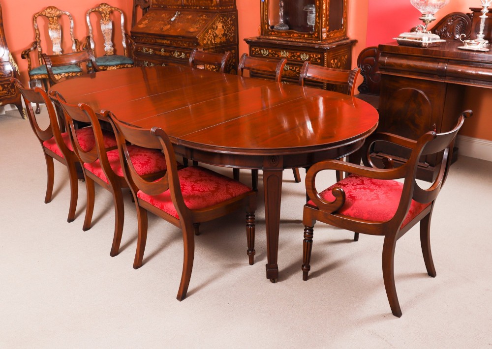 An antique Victorian oval extending dining table crafted from flame mahogany with tapered legs on brass castors. View IV