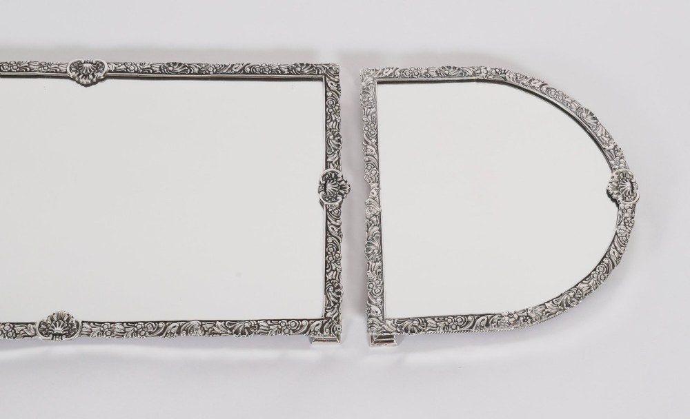 A three-piece antique French silver-plated mirrored surtout de table with ornate floral and shell border mouldings. View V