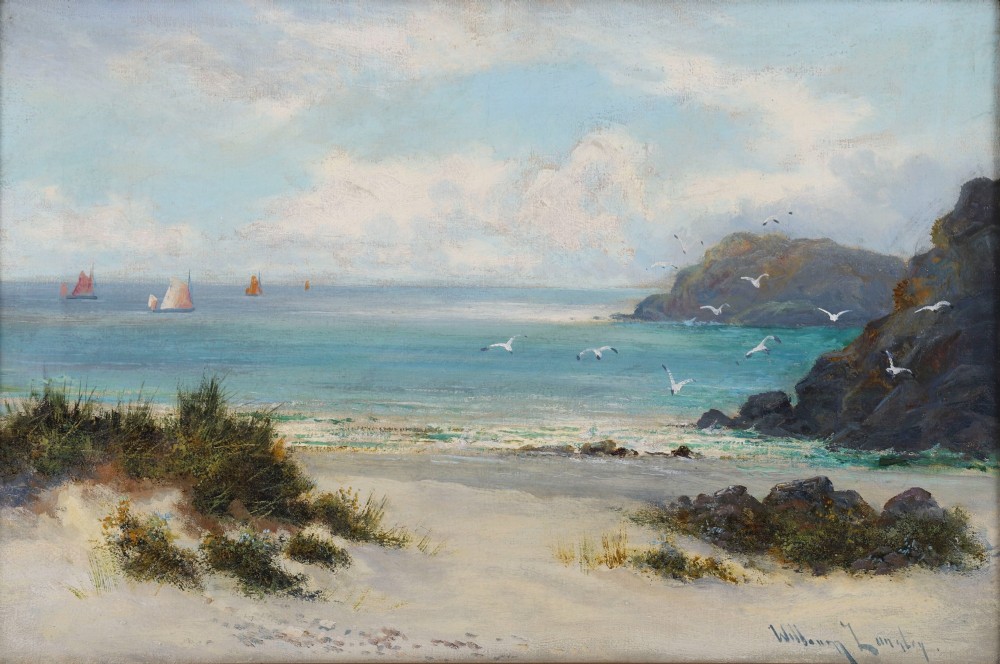 Antique Oil Painting William Langley (English 1852-1922) Beach Scene 19th C View II