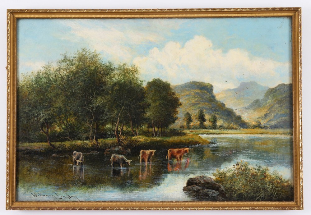 A nineteenth-century landscape oil painting depicting cattle standing in a river framed by trees and hills, enclosed in a gilded frame.
