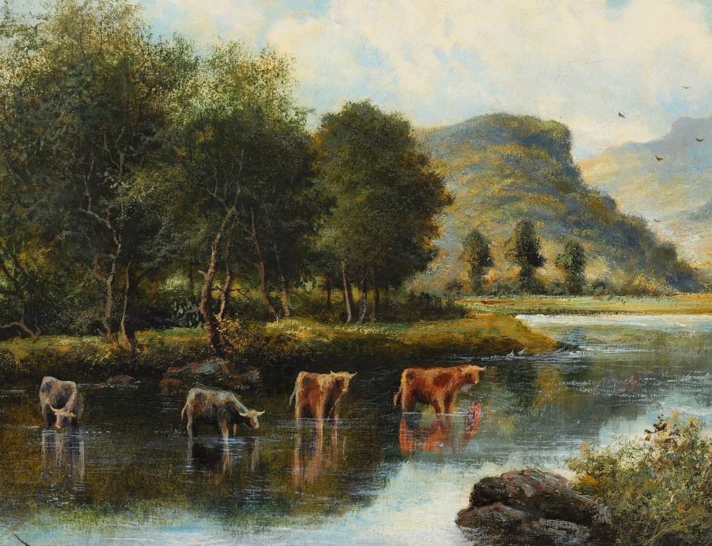 A nineteenth-century landscape oil painting depicting cattle standing in a river framed by trees and hills, enclosed in a gilded frame. View II