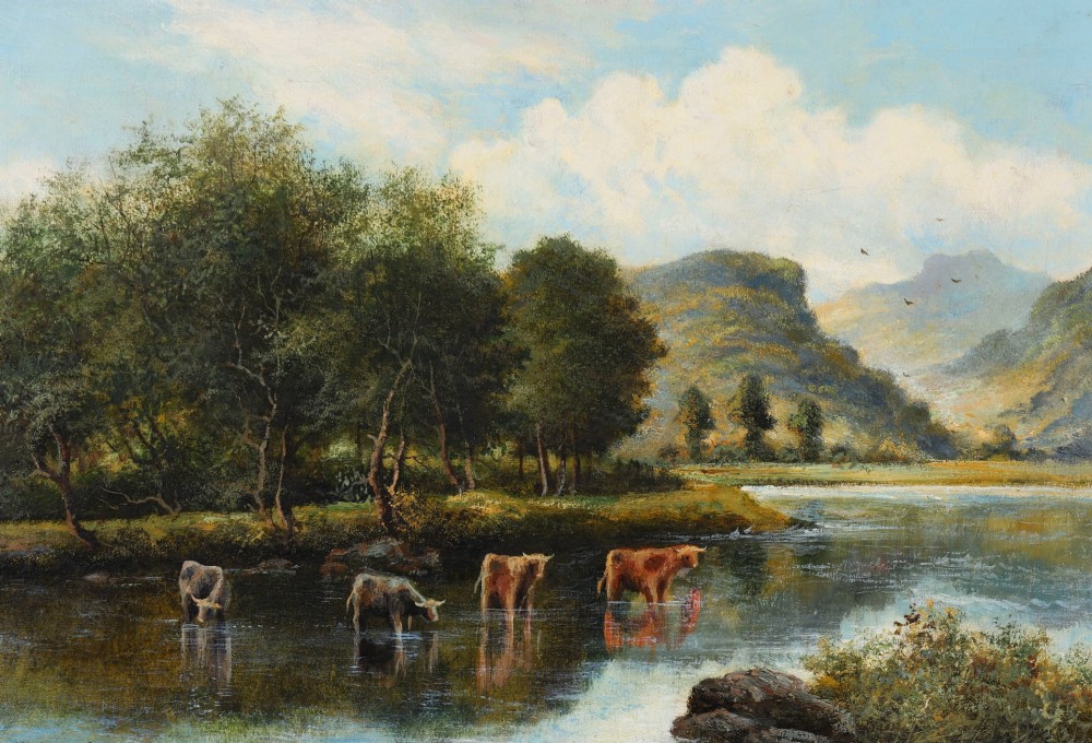 A nineteenth-century landscape oil painting depicting cattle standing in a river framed by trees and hills, enclosed in a gilded frame. View III