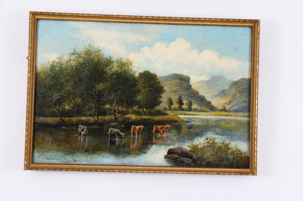 A nineteenth-century landscape oil painting depicting cattle standing in a river framed by trees and hills, enclosed in a gilded frame. View IV