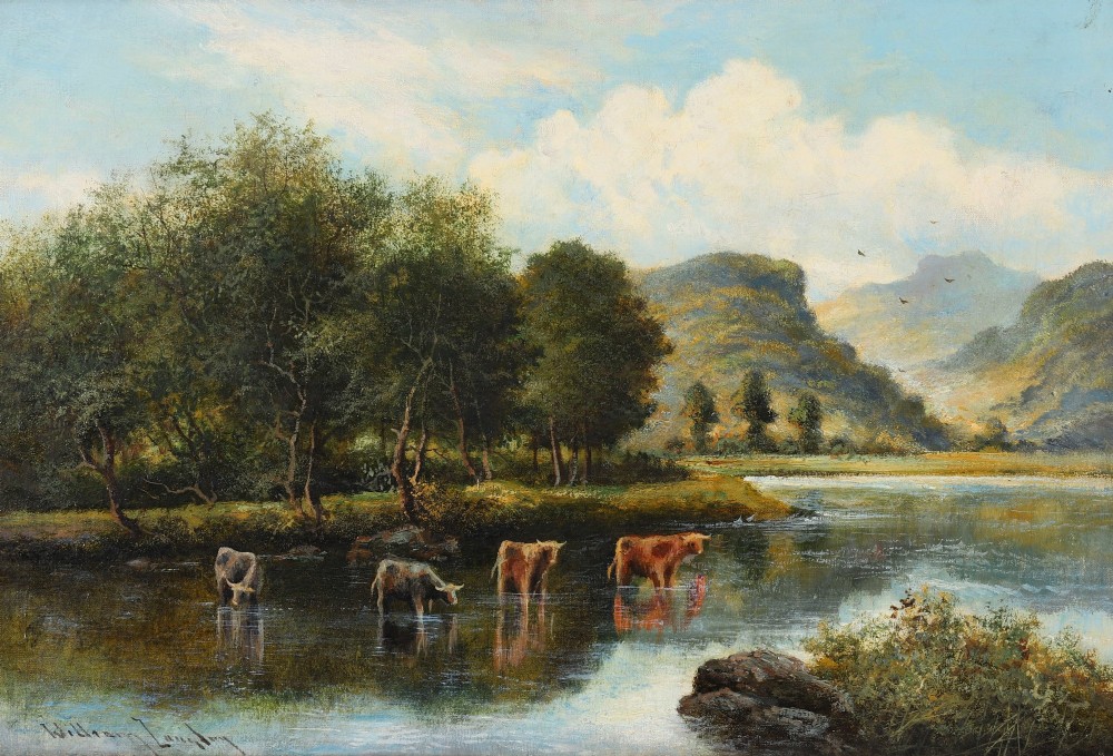 A nineteenth-century landscape oil painting depicting cattle standing in a river framed by trees and hills, enclosed in a gilded frame. View V
