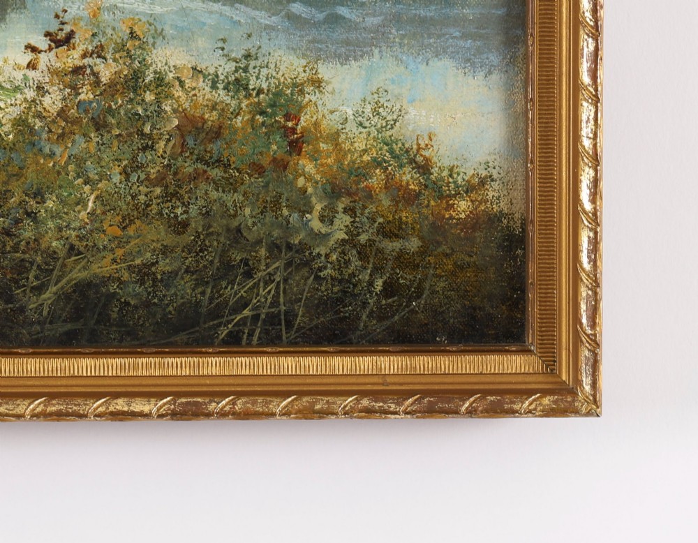 A nineteenth-century landscape oil painting depicting cattle standing in a river framed by trees and hills, enclosed in a gilded frame. View VI