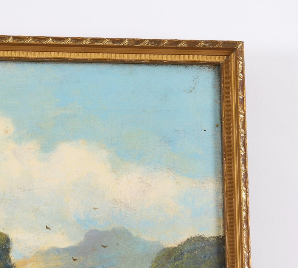 A nineteenth-century landscape oil painting depicting cattle standing in a river framed by trees and hills, enclosed in a gilded frame. View VII
