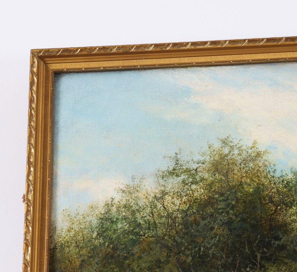 A nineteenth-century landscape oil painting depicting cattle standing in a river framed by trees and hills, enclosed in a gilded frame. View VIII