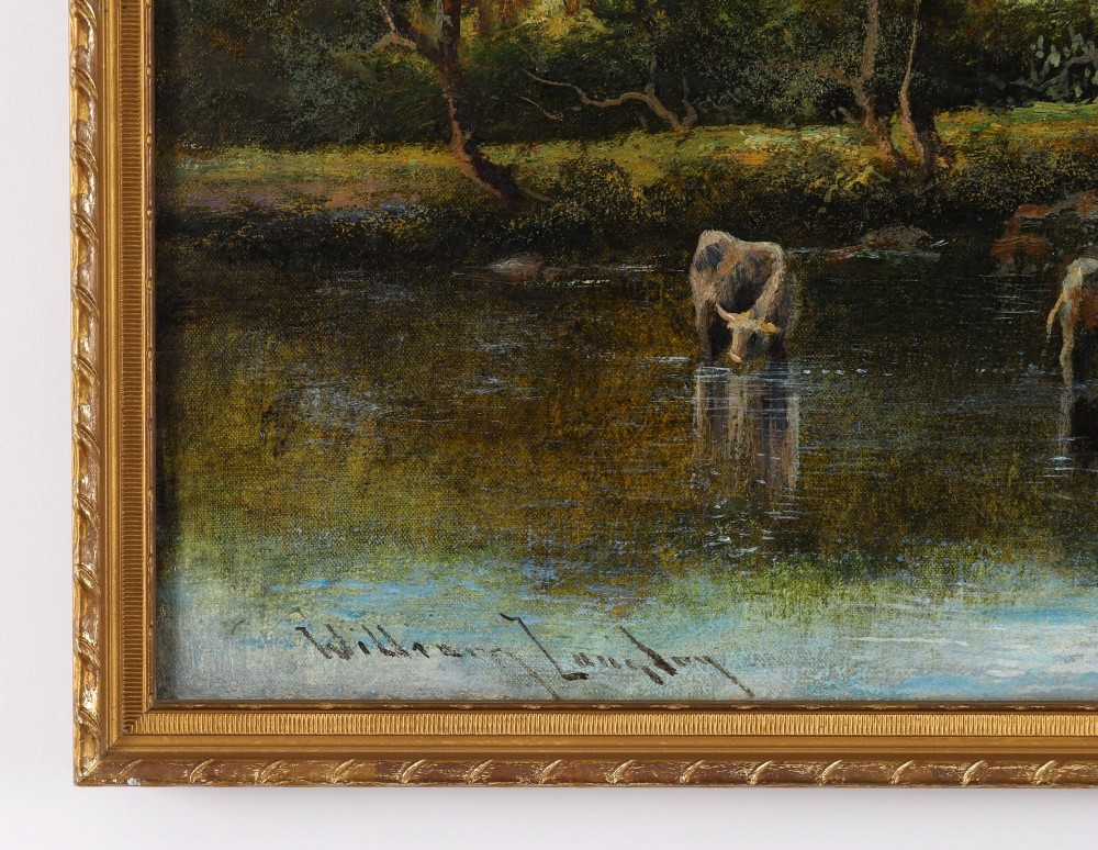 A nineteenth-century landscape oil painting depicting cattle standing in a river framed by trees and hills, enclosed in a gilded frame. View IX