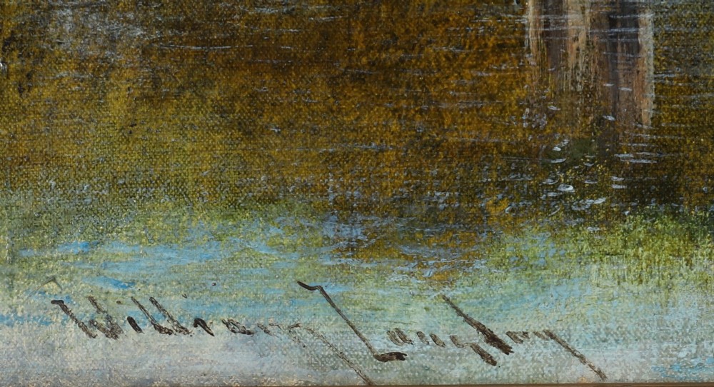 A nineteenth-century landscape oil painting depicting cattle standing in a river framed by trees and hills, enclosed in a gilded frame. View X