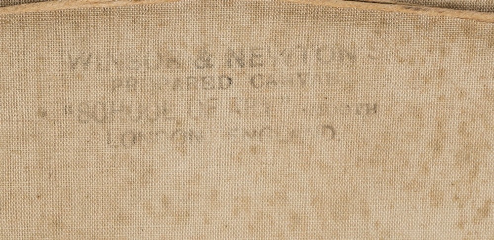 A nineteenth-century landscape oil painting depicting cattle standing in a river framed by trees and hills, enclosed in a gilded frame. View XII