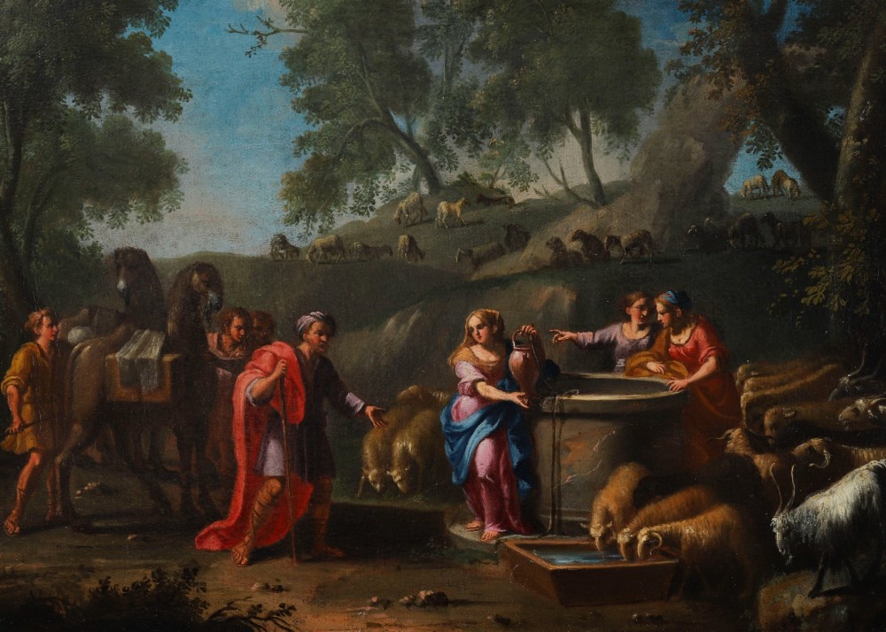 A 17th-century Italian oil painting on board depicting figures and livestock gathered at a well, set within a landscape and surrounded by a moulded gold frame. View II