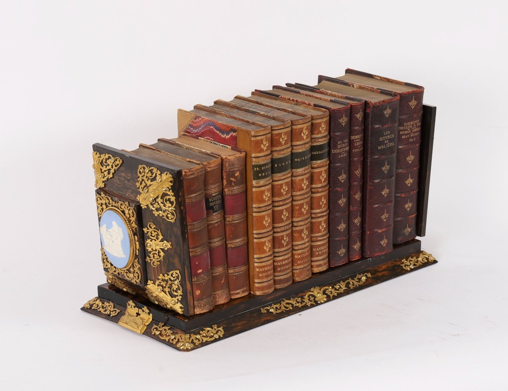 A three-piece Victorian coromandel wood desk set featuring gilt ormolu mounts, brass strapwork, and light blue oval jasperware plaques. View III