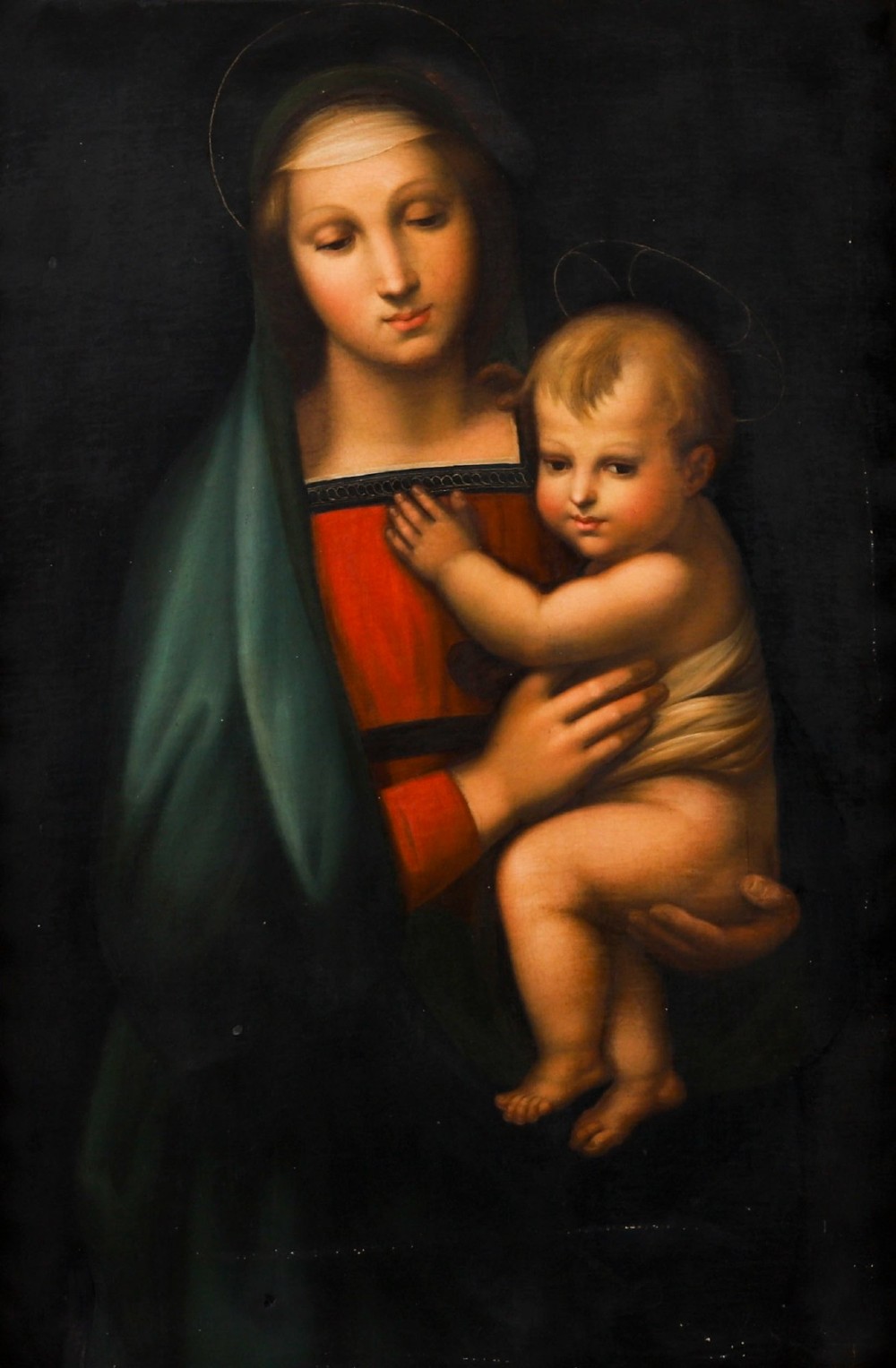 An early 19th-century oil painting depicting the Virgin Mary holding the infant Christ, framed in an ornate carved gold leaf frame. View II