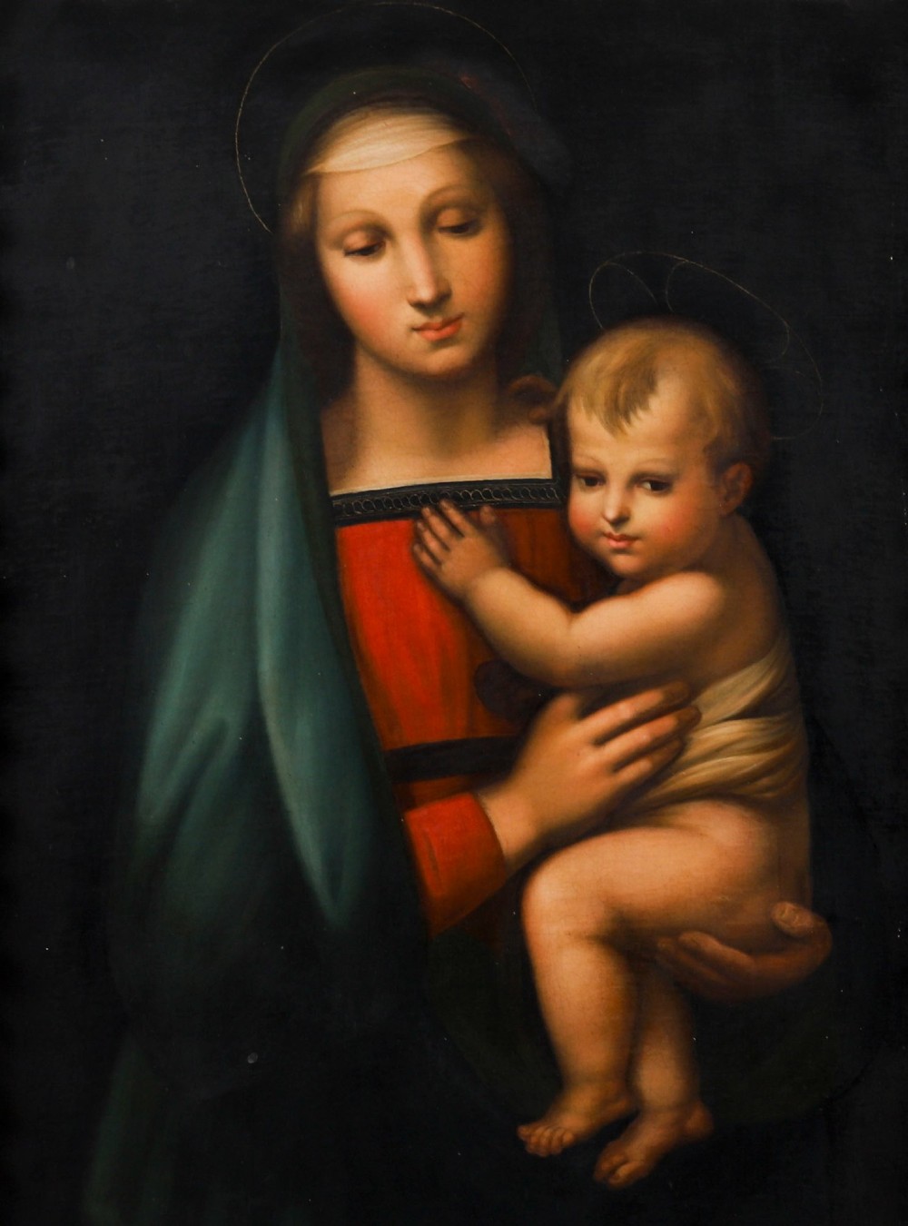 An early 19th-century oil painting depicting the Virgin Mary holding the infant Christ, framed in an ornate carved gold leaf frame. View III