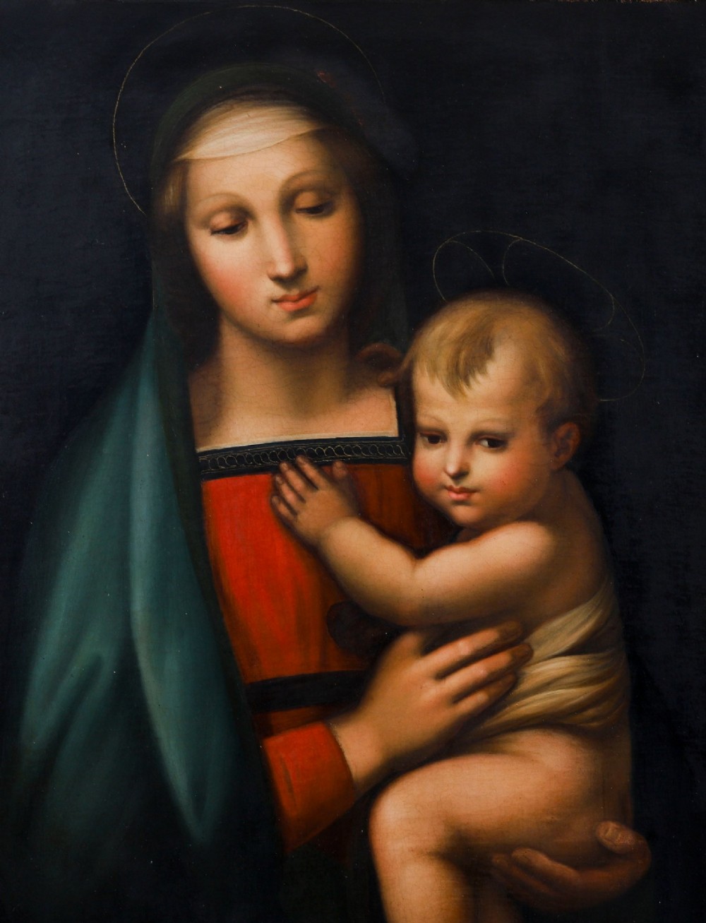 An early 19th-century oil painting depicting the Virgin Mary holding the infant Christ, framed in an ornate carved gold leaf frame. View IV