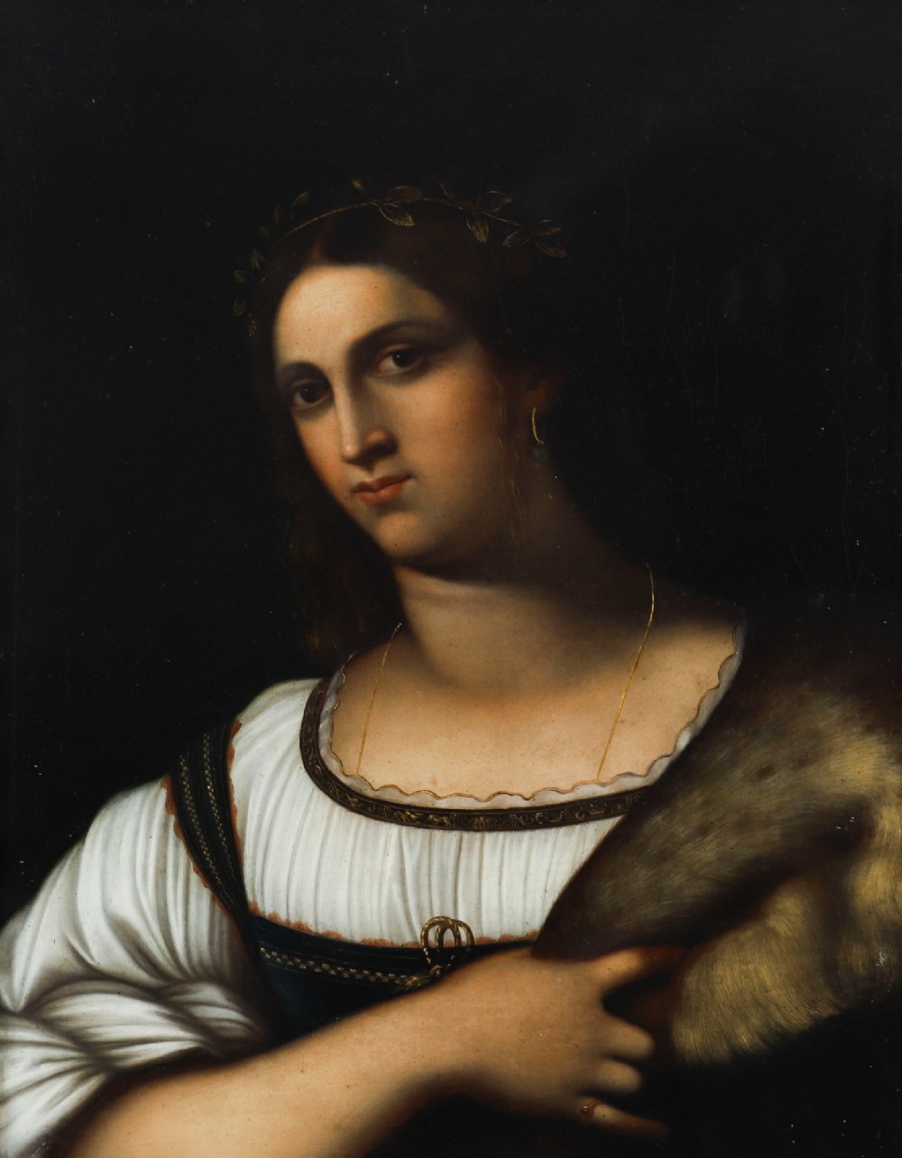 An early 19th-century portrait oil painting of a woman in classical attire set within a heavily carved gold giltwood frame. View II