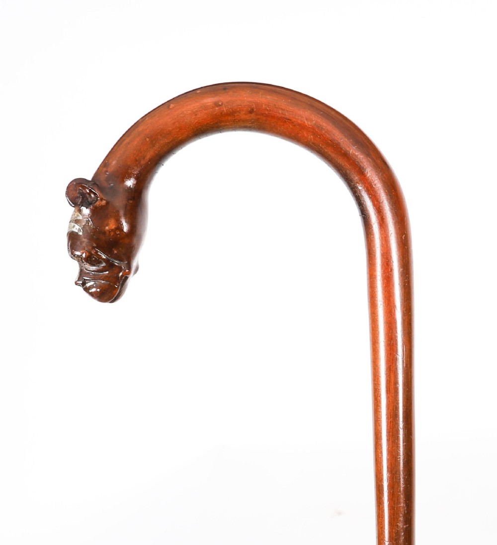 An antique dark wood walking stick featuring a curved crook handle carved into the detailed head of a boxer dog. View VIII