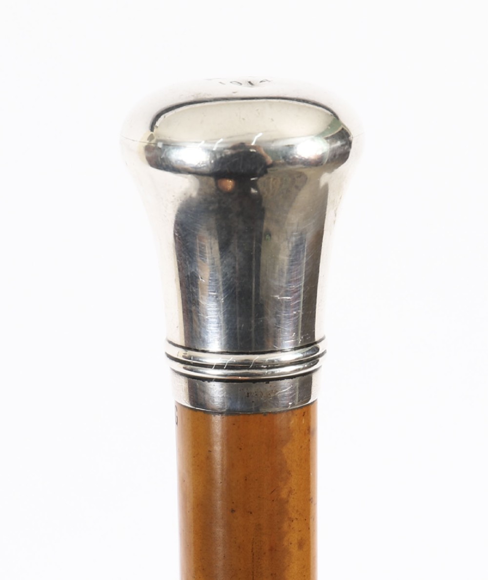 An Edwardian walking stick featuring a smooth domed sterling silver pommel and a polished wooden shaft.