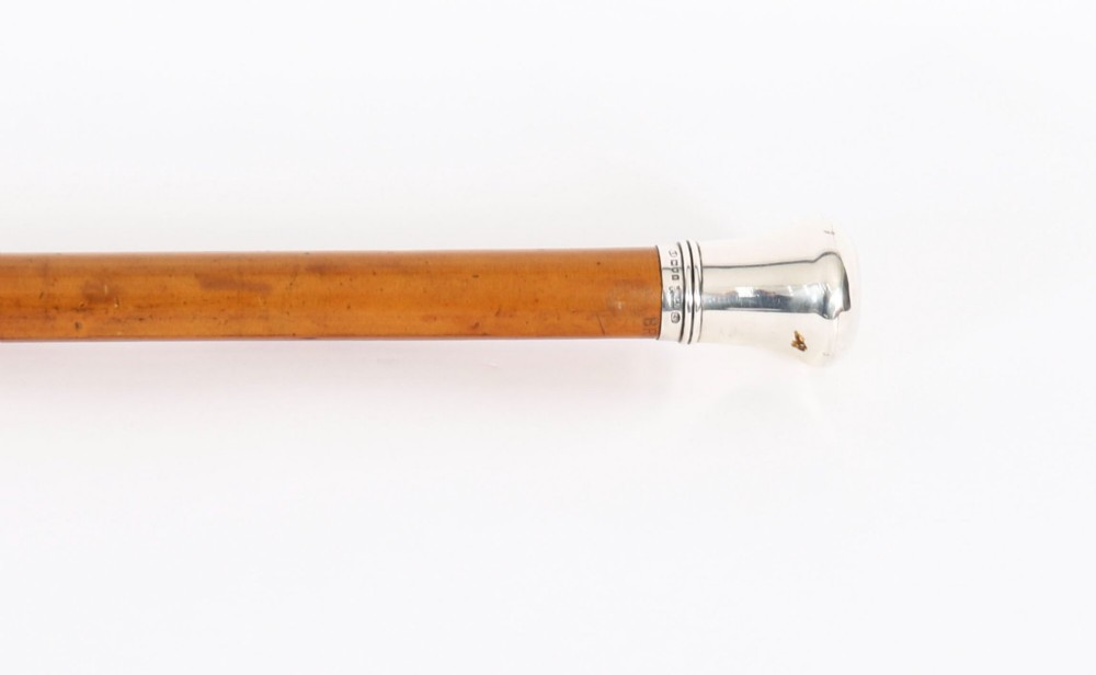 An Edwardian walking stick featuring a smooth domed sterling silver pommel and a polished wooden shaft. View IV