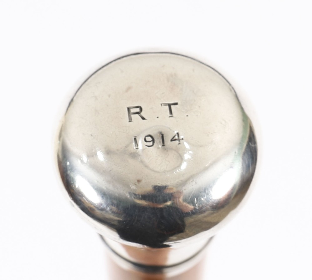 An Edwardian walking stick featuring a smooth domed sterling silver pommel and a polished wooden shaft. View V