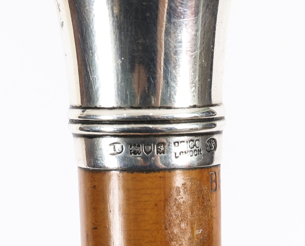 An Edwardian walking stick featuring a smooth domed sterling silver pommel and a polished wooden shaft. View VIII