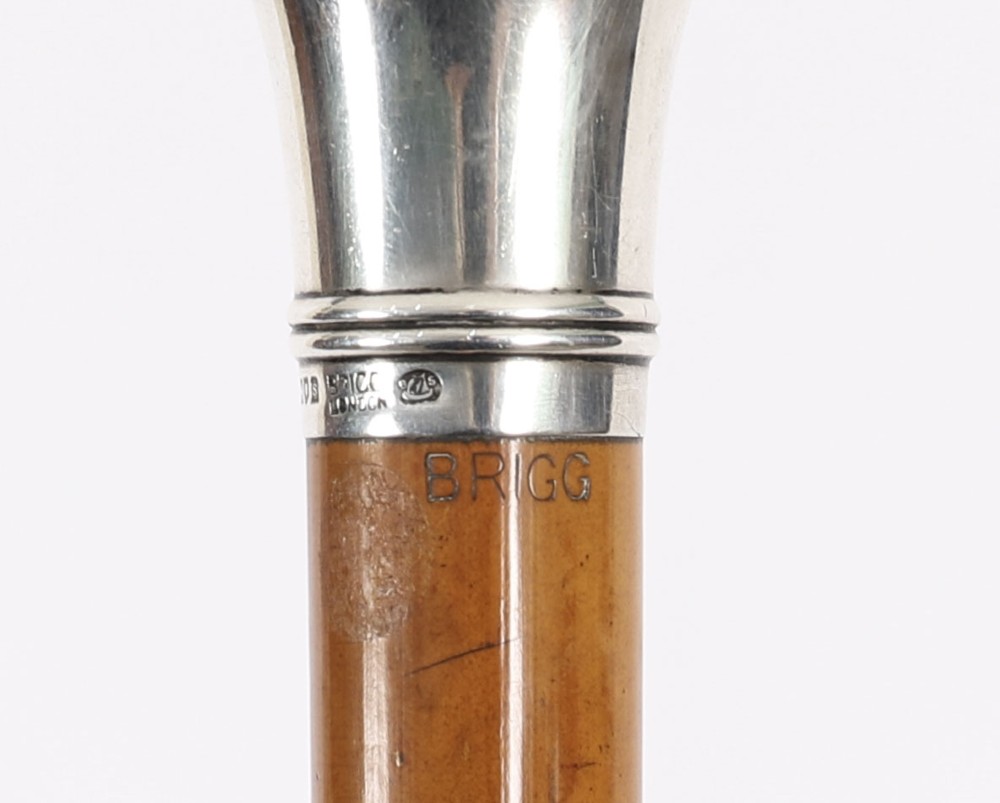 An Edwardian walking stick featuring a smooth domed sterling silver pommel and a polished wooden shaft. View IX