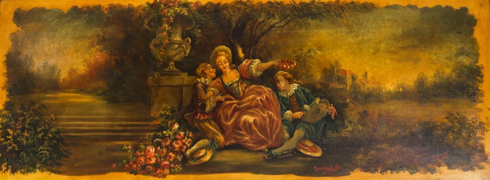An antique French giltwood trumeau mirror with a painted pastoral scene top panel, carved shell cresting, and three glass mirror sections. View IV
