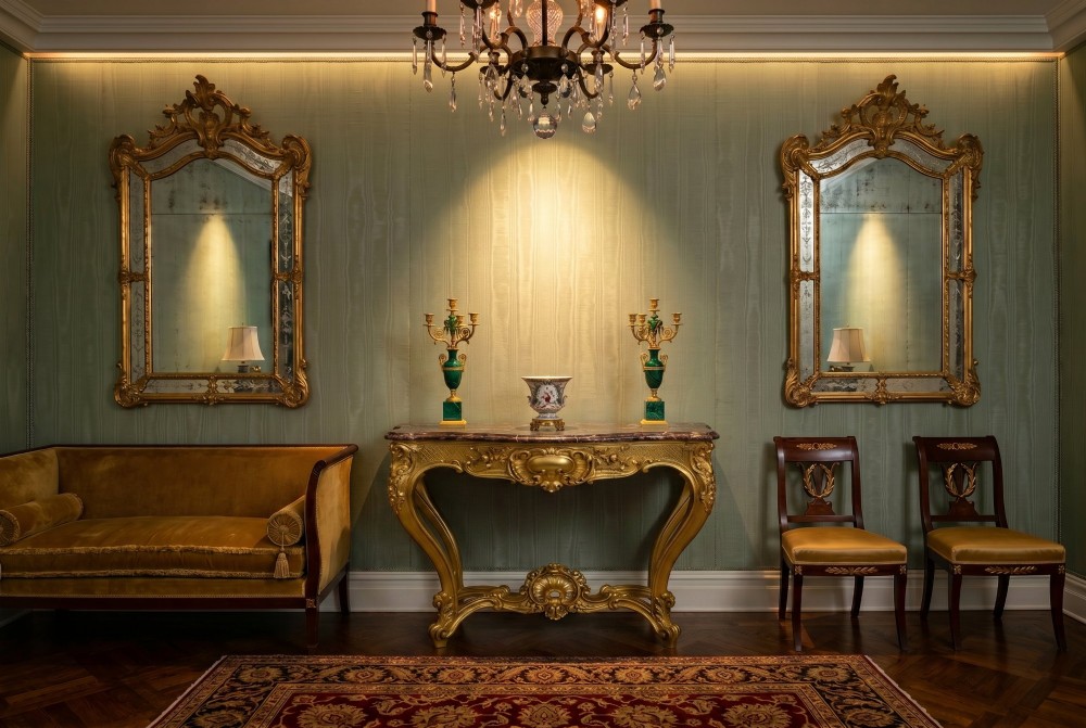 A 19th-century French Louis XV Revival giltwood console table featuring carved cabriole legs, a central shell cartouche stretcher, and a reddish-brown marble top. View II
