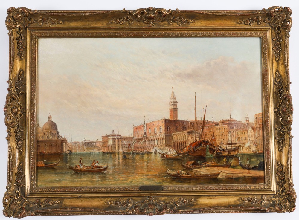 A 19th-century oil painting depicting the Doges Palace in Venice with boats on the Grand Canal, set within an ornate gilded frame.