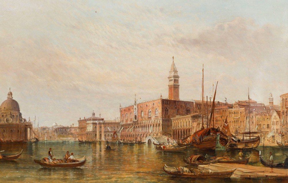 A 19th-century oil painting depicting the Doges Palace in Venice with boats on the Grand Canal, set within an ornate gilded frame. View II