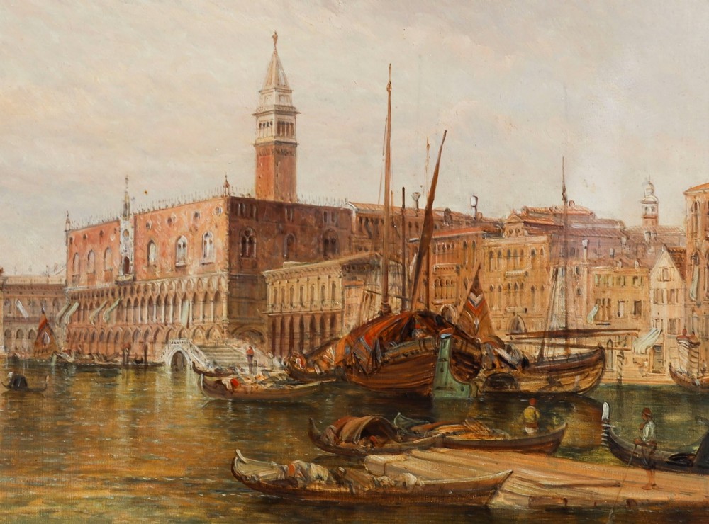 A 19th-century oil painting depicting the Doges Palace in Venice with boats on the Grand Canal, set within an ornate gilded frame. View III