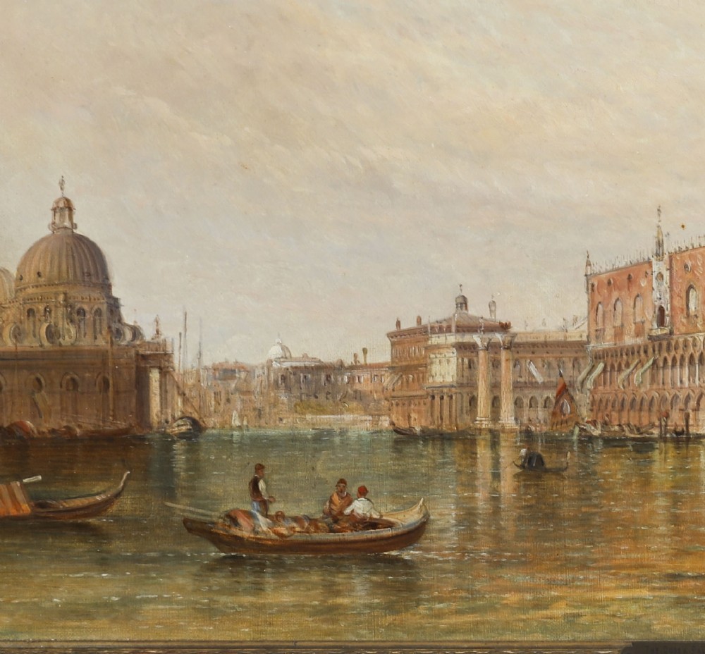 A 19th-century oil painting depicting the Doges Palace in Venice with boats on the Grand Canal, set within an ornate gilded frame. View IV