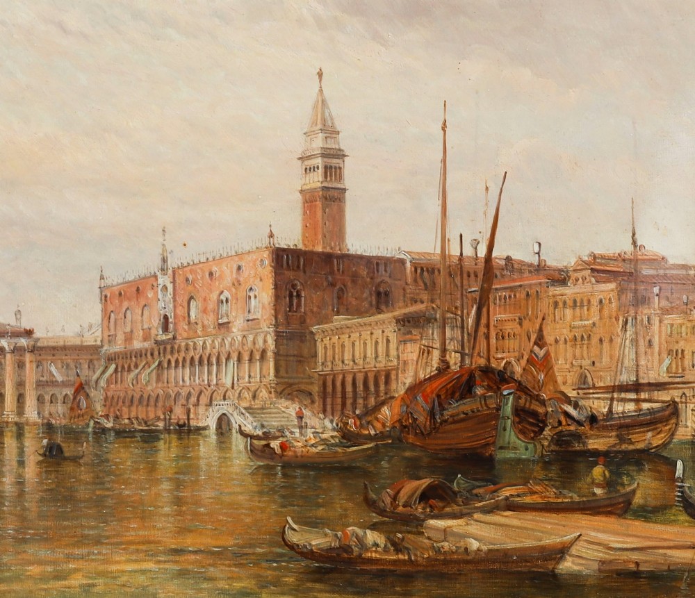 A 19th-century oil painting depicting the Doges Palace in Venice with boats on the Grand Canal, set within an ornate gilded frame. View V