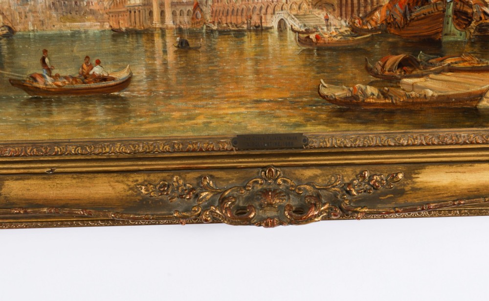 A 19th-century oil painting depicting the Doges Palace in Venice with boats on the Grand Canal, set within an ornate gilded frame. View VI