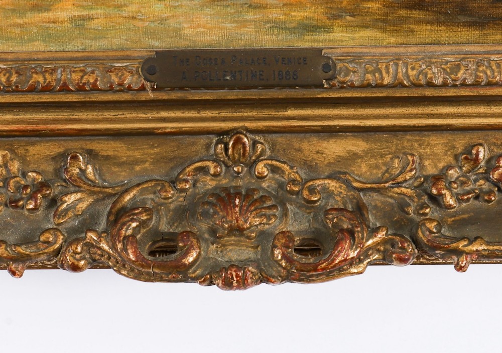 A 19th-century oil painting depicting the Doges Palace in Venice with boats on the Grand Canal, set within an ornate gilded frame. View VII